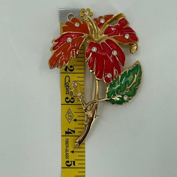Vtg. 1994 Avon Hibiscus Enameled Brooch Jose Maria Barrera, Rhinestones, Signed - Picture 7 of 7
